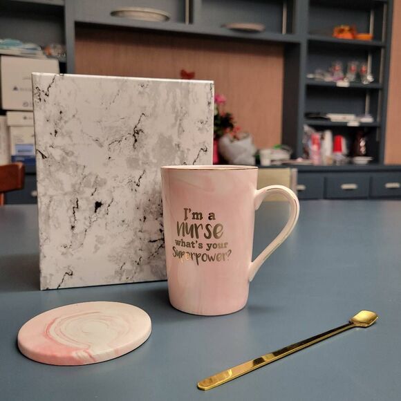 Nurse Gift Set Brand New in Satin Lined Box Pink Porcelain Cup Coaster Spoon - Picture 10 of 11